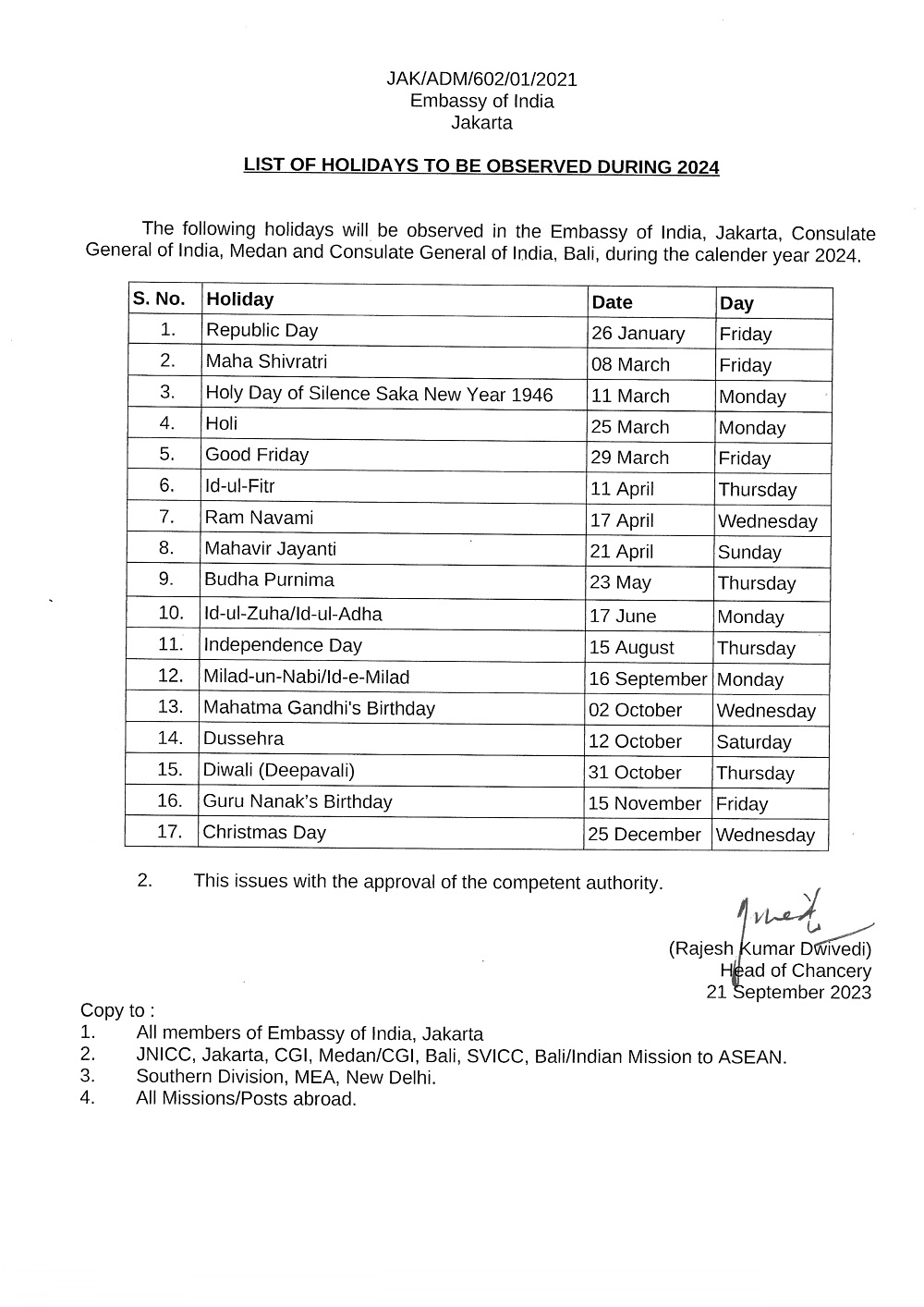 Consulate General of India, Bali, Indonesia List of Holidays 2024
